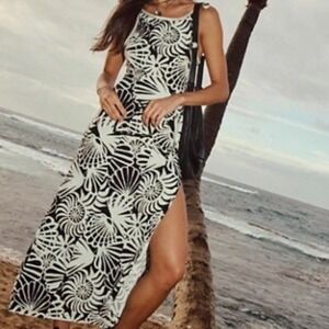 Free‎ People Black White Shell Print Beach Maxi Dress Tie Shoulder High Slit XS